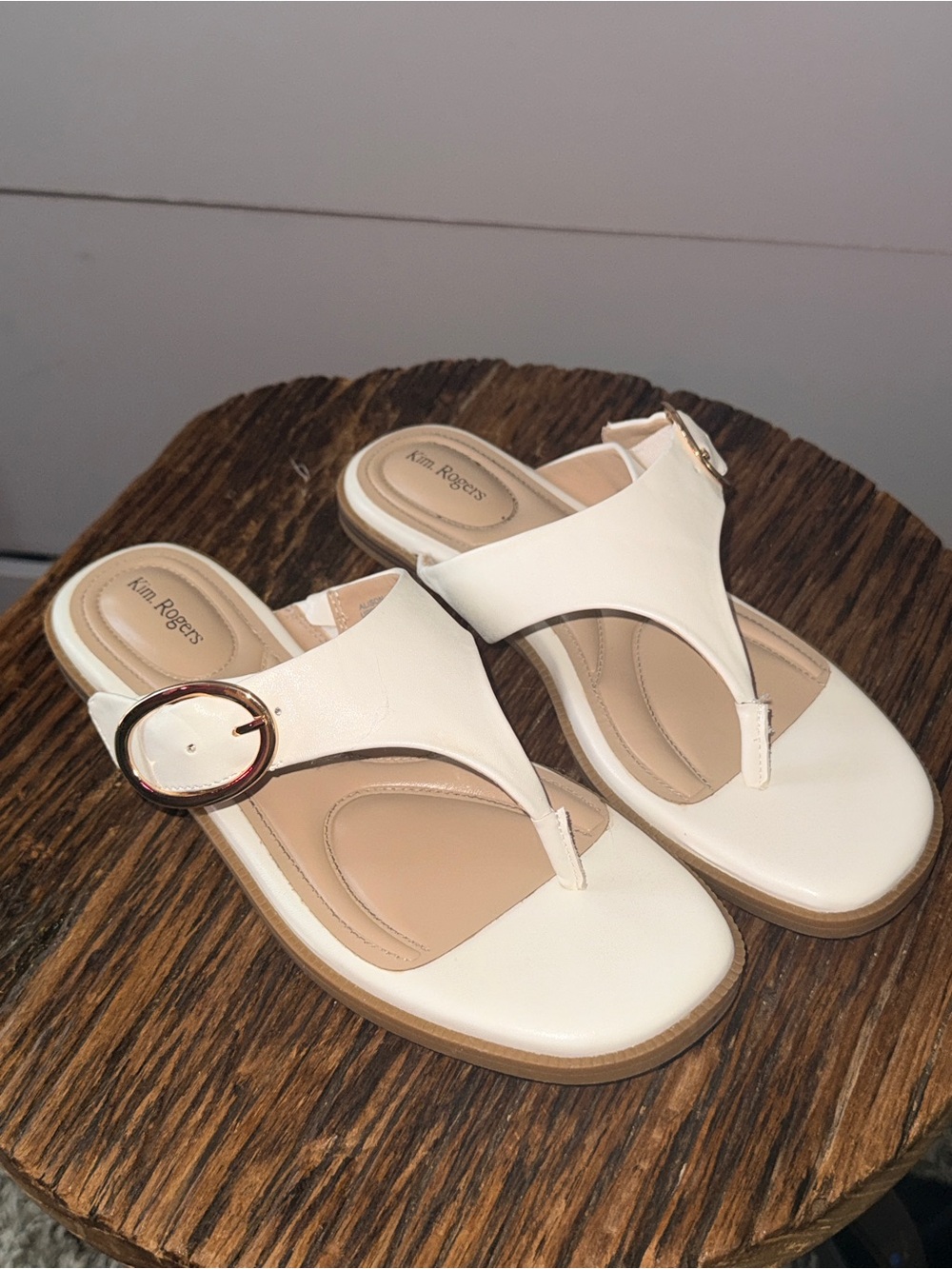 Kim Rogers White T-Strap Sandals with Gold Buckle Accent
